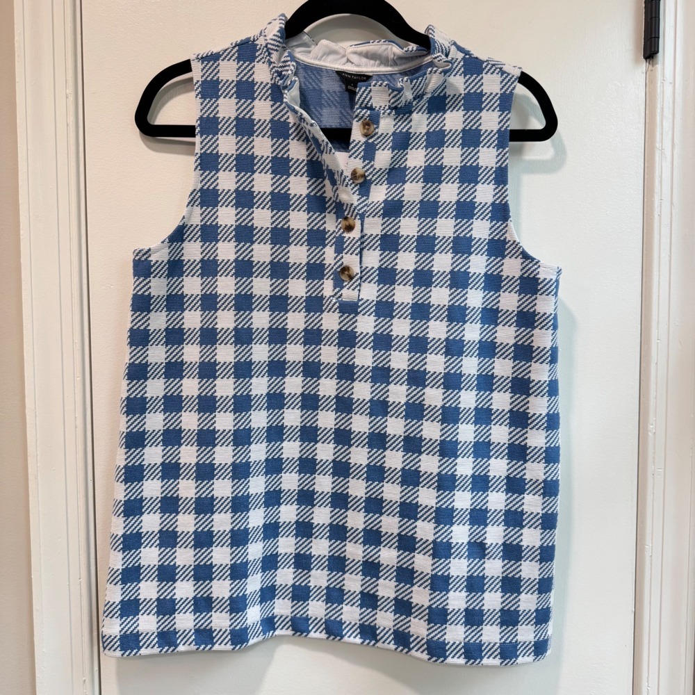 Ann Taylor Women's Sleeveless Top Blue White Gingham Button Down‎ Size S